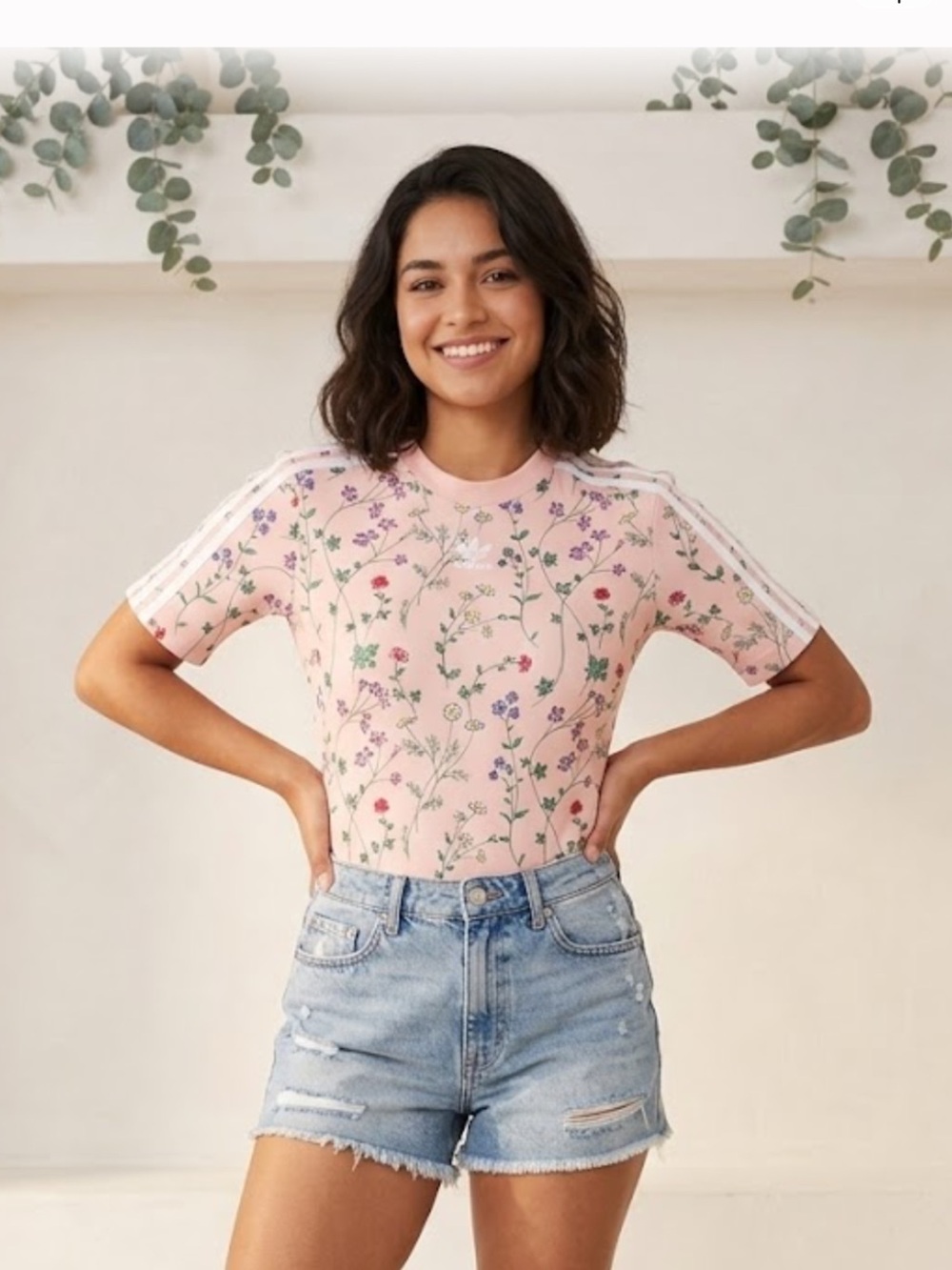adidas Pink Floral Short Sleeve Tee with Shoulder Stripes